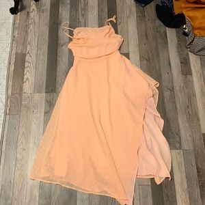 peach polka dot ruched top asymmetrical  slit dress